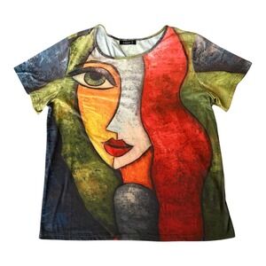 C.O.Z.Y Women Abstract Picasso Face Art Print T-Shirt Graphic Tee L Artsy Earthy